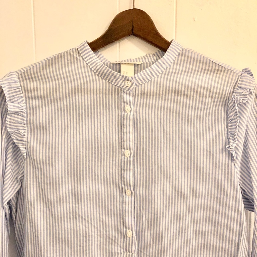 H&M Blue Striped Button Down, Ruffle Sleeve